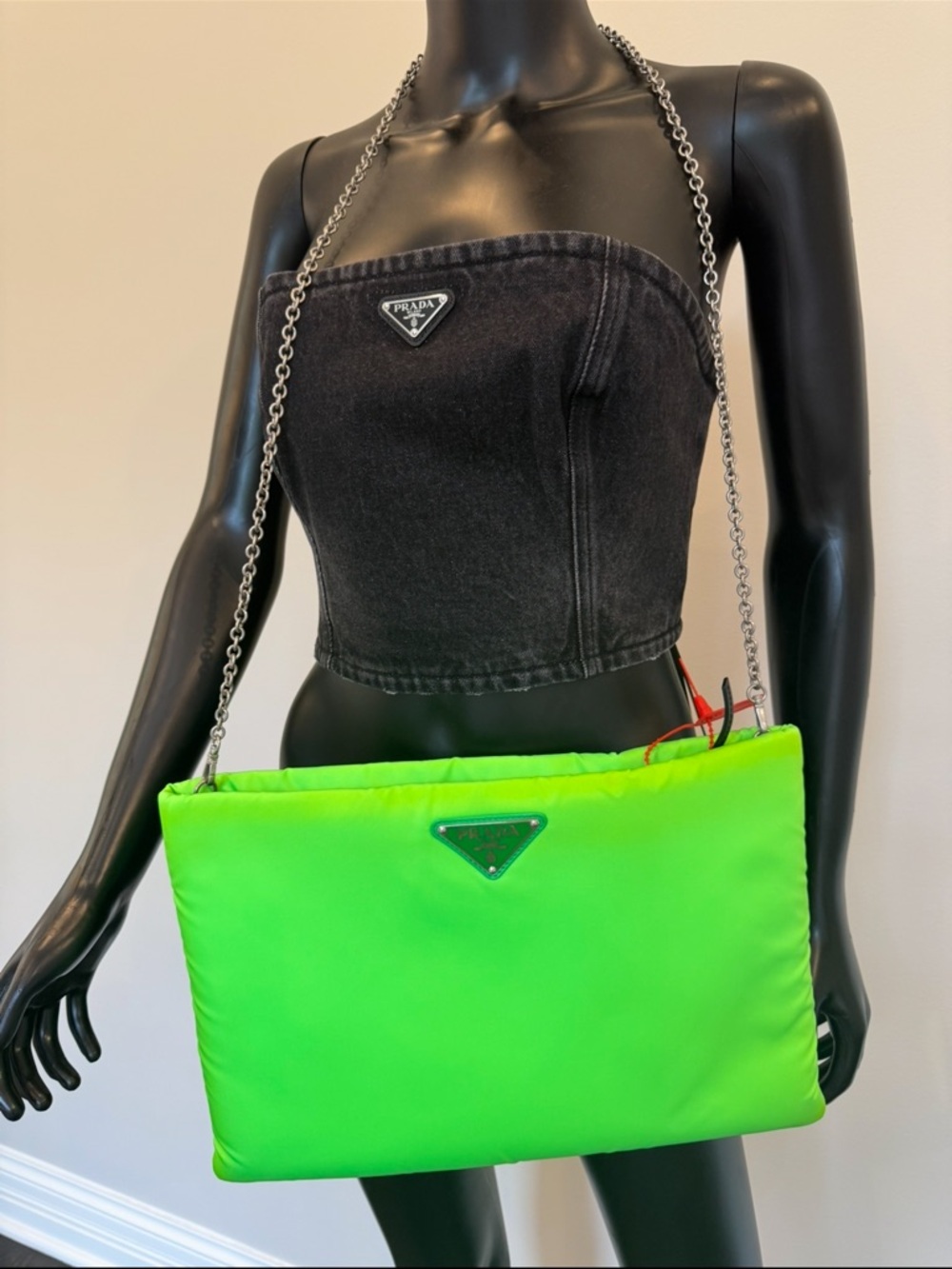 Prada Neon Lime Nylon Chain Clutch Crossbody Bag Limited Color